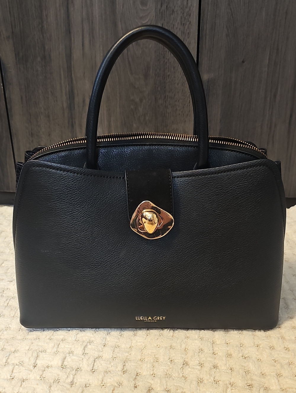 For Real Boss B*$÷hes Luella Grey Classic Black Leather Satchel with Gold Accent